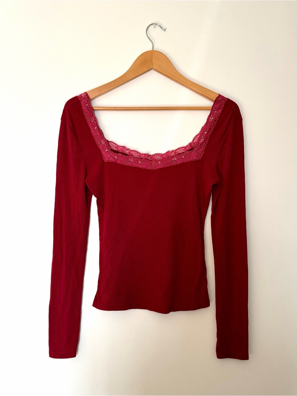 Vintage Red Lace-Trim Square Neck Long Sleeve Top